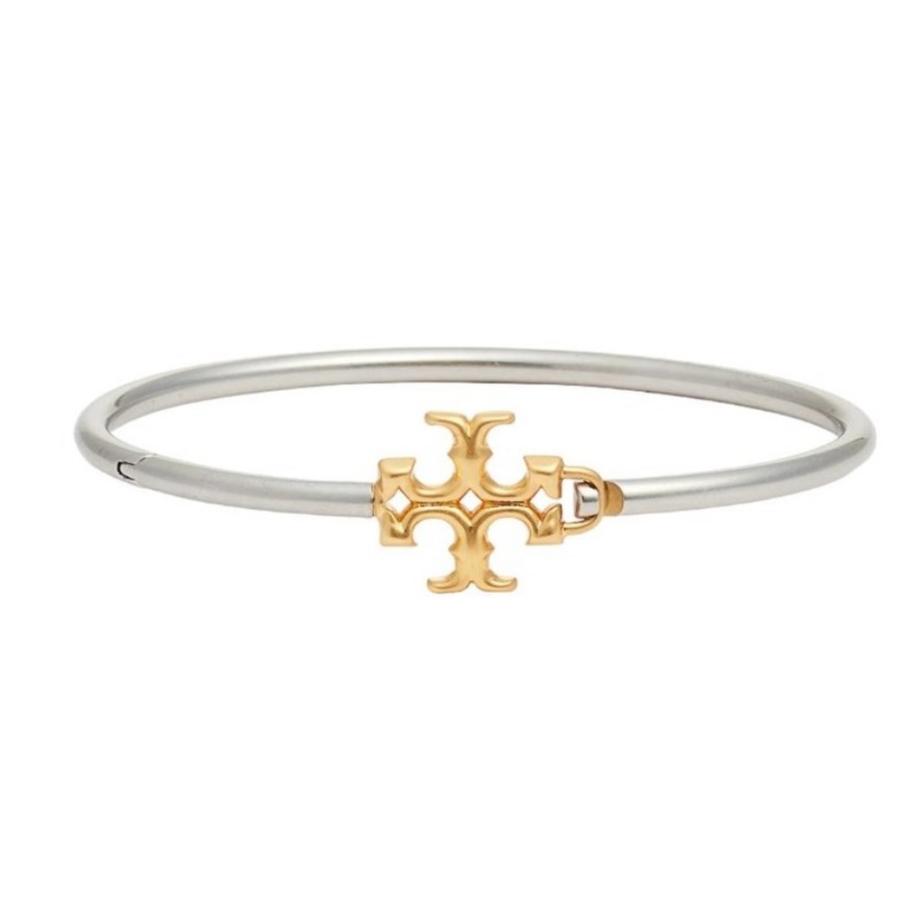 Tory Burch silver/ gold Eleanor Logo Hinged cuff bracelet